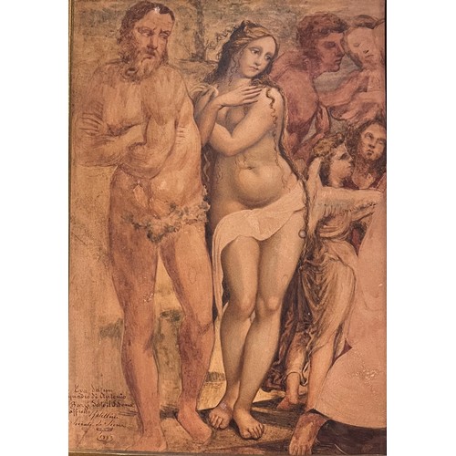 213 - A 19TH CENTURY ITALIAN SCHOOL, PEN, INK AND WASH OF ADAM AND EVE. Indistinctly inscribed and dated 1... 