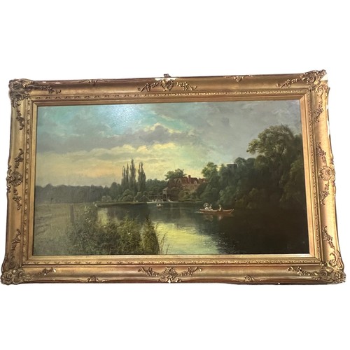 190 - A LARGE 19TH CENTURY OIL ON CANVAS, RIVER LANDSCAPE
Ladies and gentlemen in rowing boats, framed.
(s... 