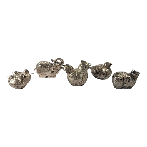 110 - A COLLECTION OF FIVE LATE 19TH/EARLY 20TH CENTURY CAMBODIAN SILVER ANIMAL BETEL BOXES
Comprising a r... 