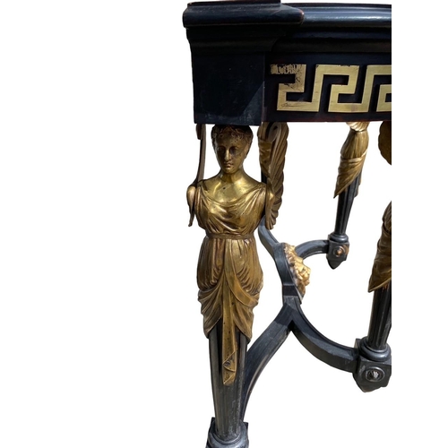 221 - A 19TH CENTURY NEOCLASSICAL DESIGN EBONISED AND GILT METAL MOUNTED CONSOLE TABLE
The white marble to... 