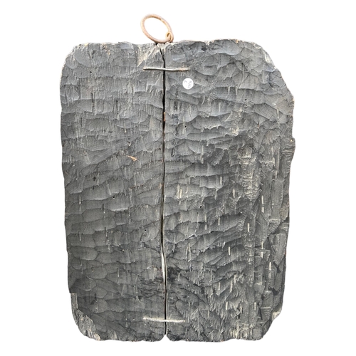 163 - A 19TH CENTURY CARVED BLACK OAK CARVED PANEL DEPICTING THE CRUCIFIXION IN DEEP RELIEF. 
(41.5cm x 29... 