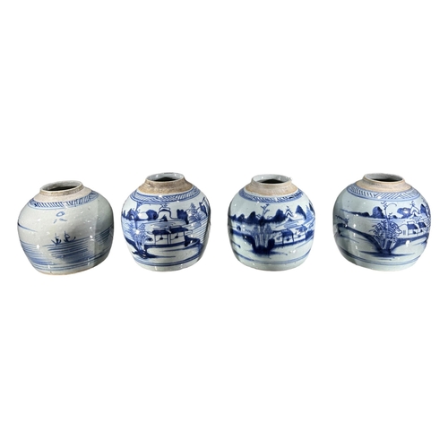 138 - FOUR 19TH CENTURY CHINESE GINGER JARS DEPICTING BLUE LAKESIDE SCENES.
(h 15cm)