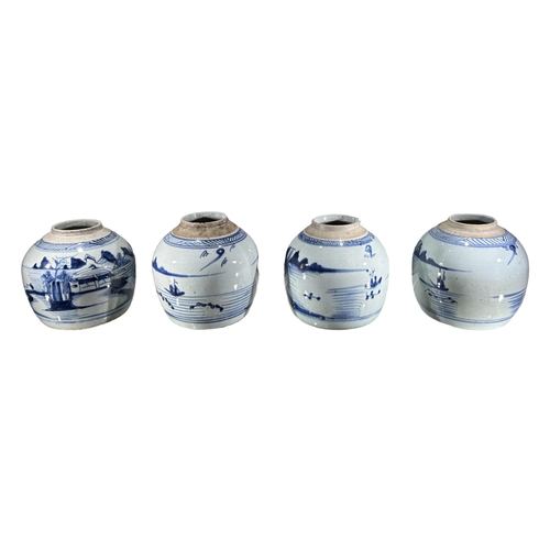 138 - FOUR 19TH CENTURY CHINESE GINGER JARS DEPICTING BLUE LAKESIDE SCENES.
(h 15cm)