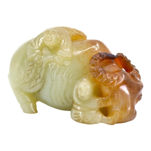 120 - A CHINESE PALE GREEN AND RUSSET JADE ‘BOYS & BUFFALO’ CARVING
Recumbent water buffalo carved with tw... 