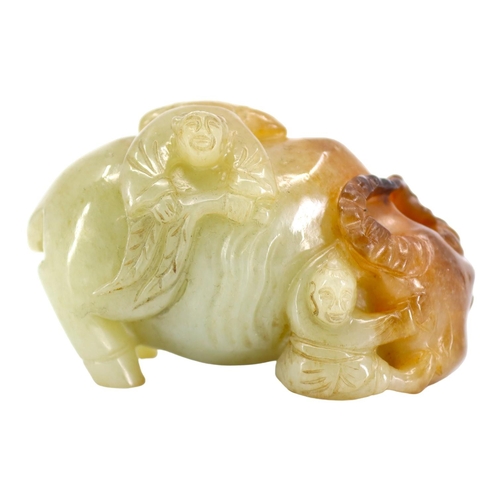 120 - A CHINESE PALE GREEN AND RUSSET JADE ‘BOYS & BUFFALO’ CARVING
Recumbent water buffalo carved with tw... 