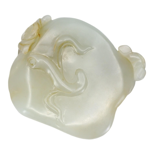 122 - A CHINESE GREENISH-WHITE JADE ‘PEACH & BOYS’ BRUSH WASHER CARVING
Two boys climbing to mouth rim, on... 