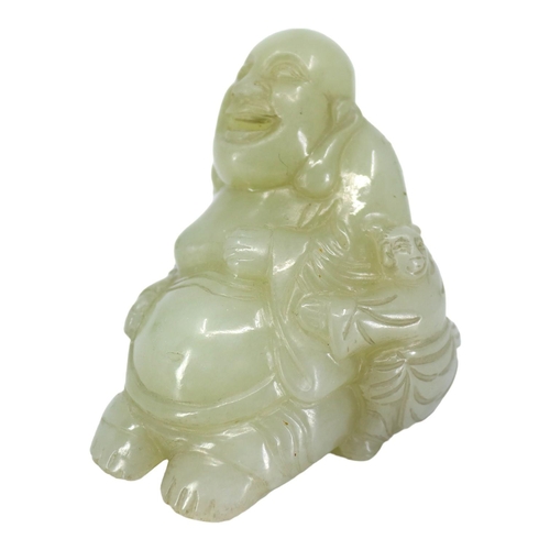 123 - A CHINESE PALE GREEN JADE ‘BUDDHA & BOYS’ (BUDAI) CARVING
Seated Buddha having two boys clinging on ... 