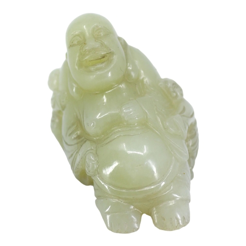 123 - A CHINESE PALE GREEN JADE ‘BUDDHA & BOYS’ (BUDAI) CARVING
Seated Buddha having two boys clinging on ... 
