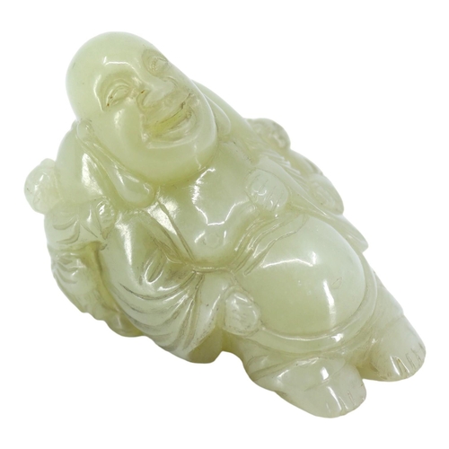 123 - A CHINESE PALE GREEN JADE ‘BUDDHA & BOYS’ (BUDAI) CARVING
Seated Buddha having two boys clinging on ... 