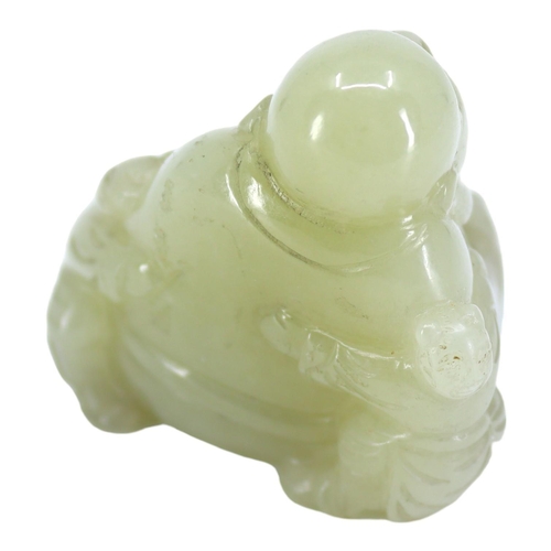 123 - A CHINESE PALE GREEN JADE ‘BUDDHA & BOYS’ (BUDAI) CARVING
Seated Buddha having two boys clinging on ... 