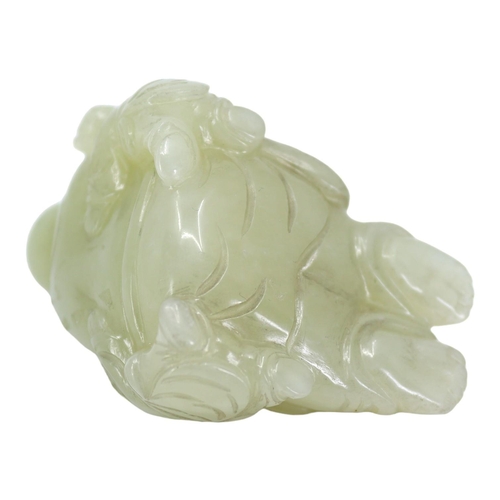 123 - A CHINESE PALE GREEN JADE ‘BUDDHA & BOYS’ (BUDAI) CARVING
Seated Buddha having two boys clinging on ... 