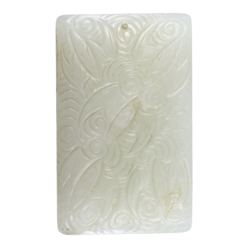 129 - A CHINESE WHITE JADE ‘NINE BATS’ CARVED PLAQUE
Pendant having five carved bats amongst swirls, the r... 