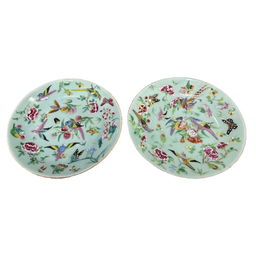 135 - TWO 19TH CENTURY CHINESE CELADON FAMILLE ROSE PLATES
Shallow dish standing on short foot, painted wi... 