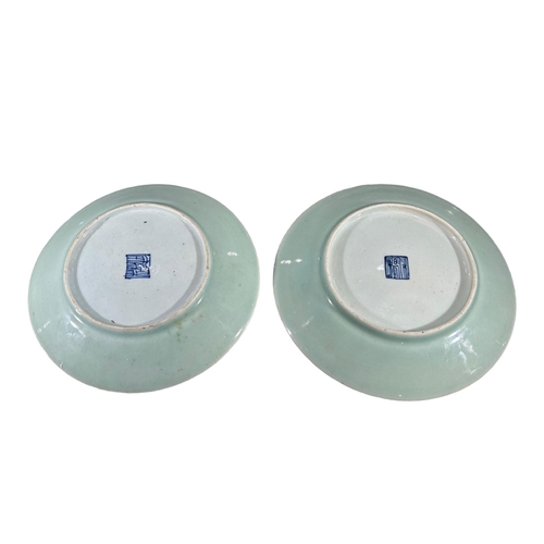 135 - TWO 19TH CENTURY CHINESE CELADON FAMILLE ROSE PLATES
Shallow dish standing on short foot, painted wi... 