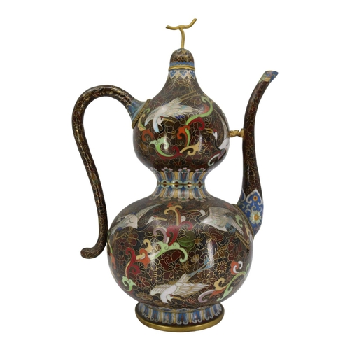 136 - A LARGE CHINESE CLOISONNÉ ENAMEL DOUBLE GOURD EWER AND COVER
Having serpentine spout and handle, dec... 