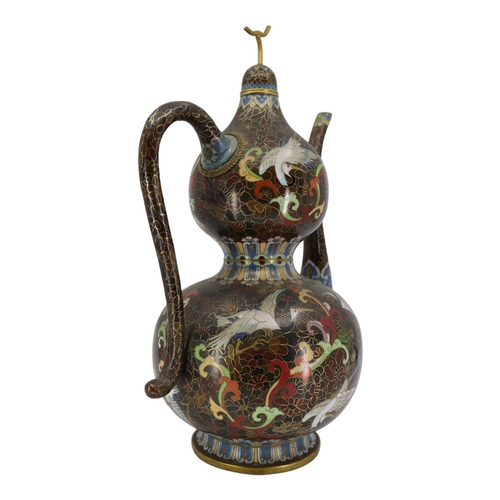 136 - A LARGE CHINESE CLOISONNÉ ENAMEL DOUBLE GOURD EWER AND COVER
Having serpentine spout and handle, dec... 