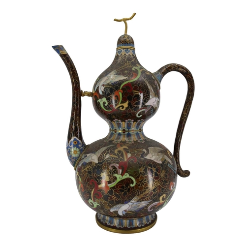 136 - A LARGE CHINESE CLOISONNÉ ENAMEL DOUBLE GOURD EWER AND COVER
Having serpentine spout and handle, dec... 