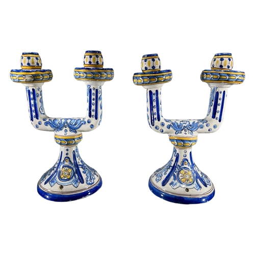 161 - A LARGE PAIR OF ITALIAN MAJOLICA STYLE TWO BRANCH CANDELABRAS
Having drill holes for lamps.
(h 32.5c... 
