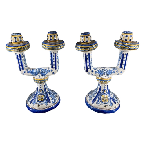 161 - A LARGE PAIR OF ITALIAN MAJOLICA STYLE TWO BRANCH CANDELABRAS
Having drill holes for lamps.
(h 32.5c... 