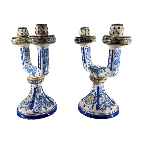 161 - A LARGE PAIR OF ITALIAN MAJOLICA STYLE TWO BRANCH CANDELABRAS
Having drill holes for lamps.
(h 32.5c... 