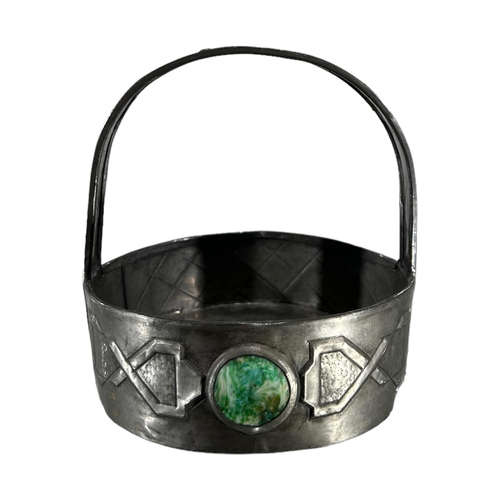 169 - AN ARTS & CRAFTS PEWTER BASKET HAVING MOLTEN GLASS CABOCHON INSERTS.
(h 13.6cm x d 13.8cm)