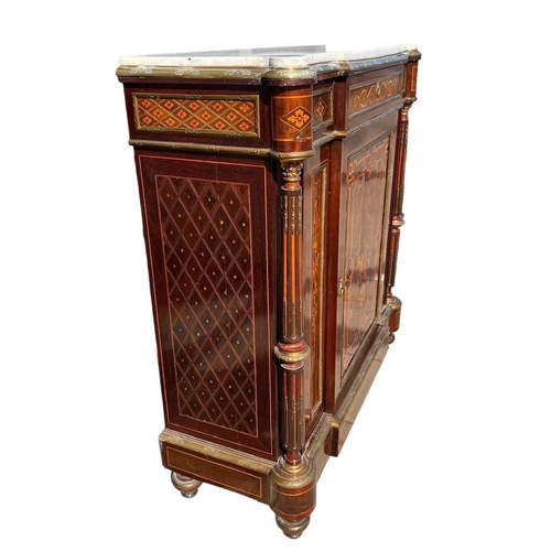 223 - A 19TH CENTURY FRENCH LOUIS XVI DESIGN GILT METAL MOUNTED AND MARQUETRY PIER CABINET 
Marble top wit... 