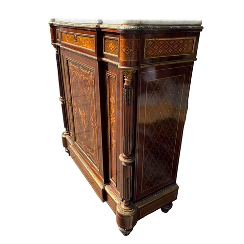 223 - A 19TH CENTURY FRENCH LOUIS XVI DESIGN GILT METAL MOUNTED AND MARQUETRY PIER CABINET 
Marble top wit... 