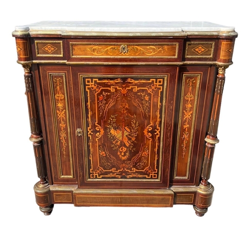 223 - A 19TH CENTURY FRENCH LOUIS XVI DESIGN GILT METAL MOUNTED AND MARQUETRY PIER CABINET 
Marble top wit... 