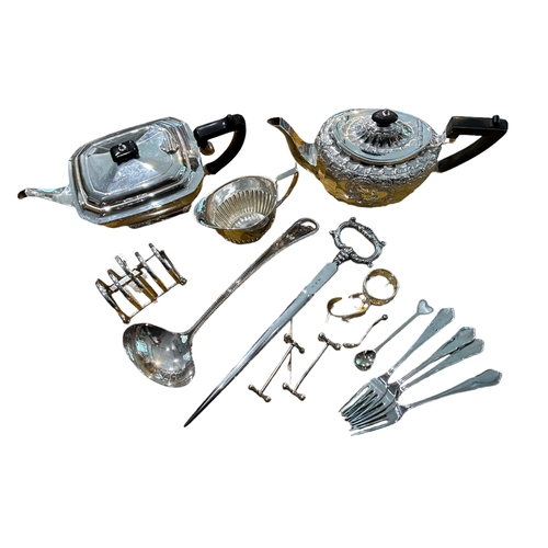 36 - A COLLECTION OF SILVER PLATED ITEMS AND OTHERS, COMPRISING TEAPOTS, LADLE, MEAT SKEWER, TOAST RACK E... 