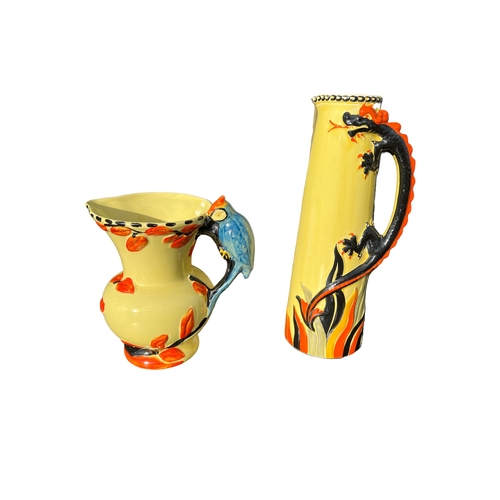 137 - BISHOP ENGLAND, POTTERY. A LARGE ART DECO DRAGON JUG / VASE NO. 784598. TOGETHER WITH PARROT JUG, BO... 