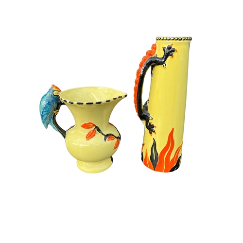 137 - BISHOP ENGLAND, POTTERY. A LARGE ART DECO DRAGON JUG / VASE NO. 784598. TOGETHER WITH PARROT JUG, BO... 