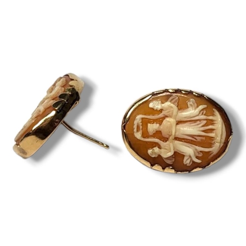 11A - TWO 14CT GOLD SHELL CAMEO BROOCHES AND A PAIR OF 14CT GOLD CAMEO EARRINGS. 
(largest: 50mm x 34mm, g... 