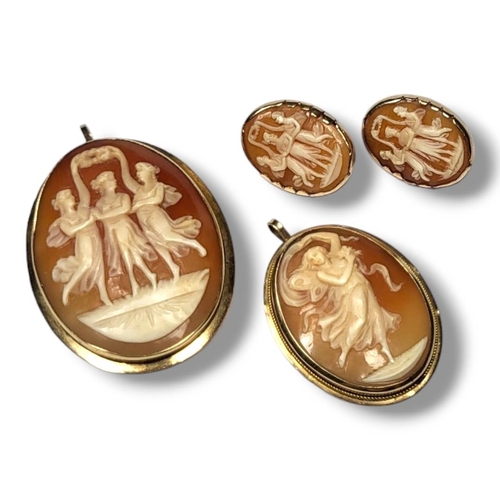 11A - TWO 14CT GOLD SHELL CAMEO BROOCHES AND A PAIR OF 14CT GOLD CAMEO EARRINGS. 
(largest: 50mm x 34mm, g... 