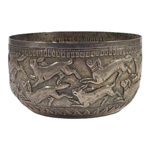 26A - A LATE 19TH CENTURY SILVER BURMESE/INDIAN SILVER BOWL
Having elaborate chased decoration showing mul... 