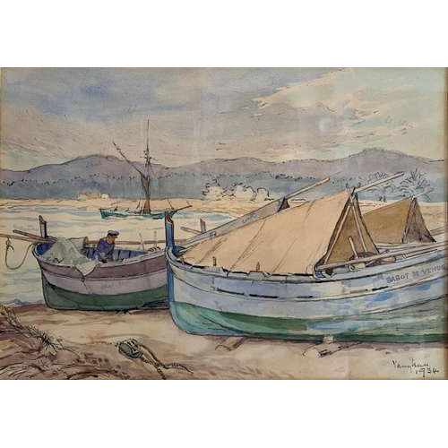 248 - DORIS VAUGHAN, BRITISH, 1894 - 1975, WATERCOLOUR
Coastal landscape, with fishing boats, signed, date... 