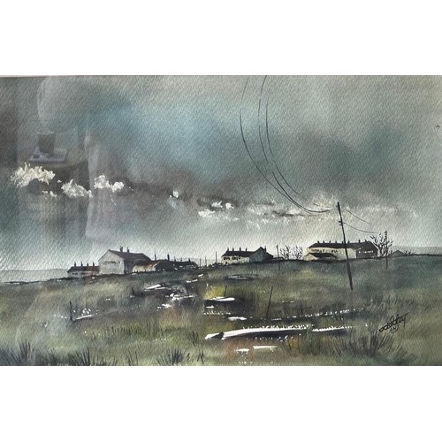 241 - ASHLEY JACKSON, B.1940, WATERCOLOUR
Stormy landscape, with cottages, signed lower right, inscribed v... 