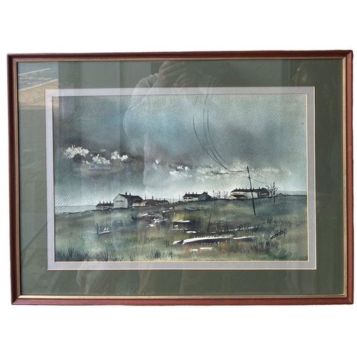 241 - ASHLEY JACKSON, B.1940, WATERCOLOUR
Stormy landscape, with cottages, signed lower right, inscribed v... 