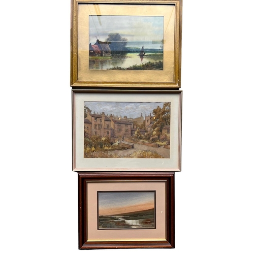 243 - THREE BRITISH WATERCOLOURS
To include river landscape, Highland view and village street scene, signe... 