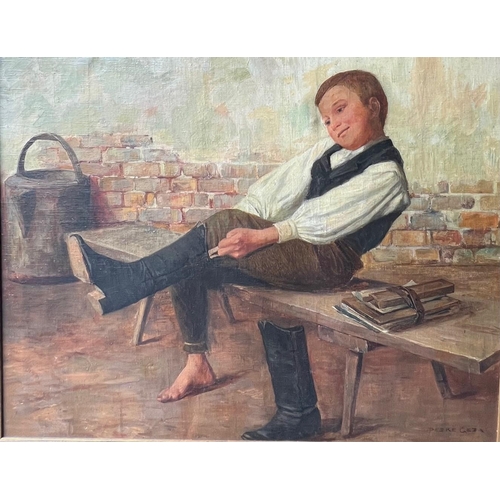 251 - GÉZA PESKE, HUNGARIAN, 1859 - 1934, OIL ON CANVAS
Portrait of a young boy seated on a bench in a cou... 