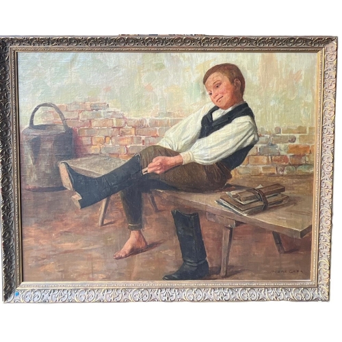 251 - GÉZA PESKE, HUNGARIAN, 1859 - 1934, OIL ON CANVAS
Portrait of a young boy seated on a bench in a cou... 