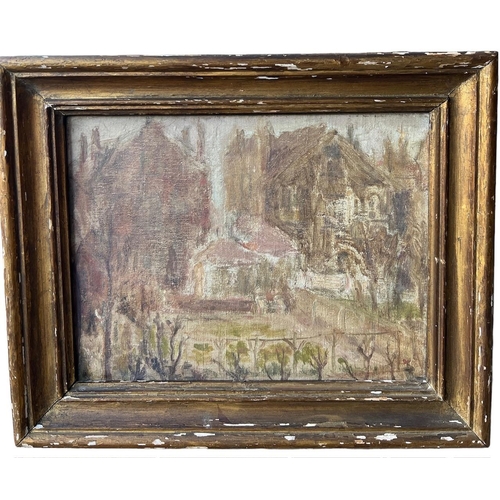 254 - HELEN LESSORE, R.A., BRITISH, 1907 - 1994, OIL ON CANVAS
Landscape, houses and gardens, framed, comp... 