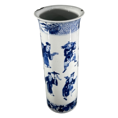 75 - A 19TH CENTURY CHINESE QING DYNASTY BLUE AND WHITE CYLINDER VASE
Having upper flared rim, met by car... 