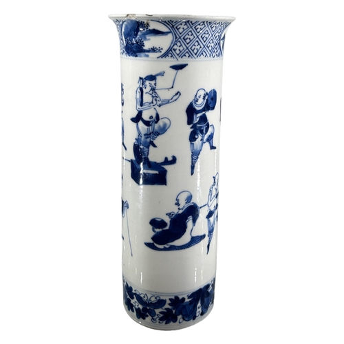 75 - A 19TH CENTURY CHINESE QING DYNASTY BLUE AND WHITE CYLINDER VASE
Having upper flared rim, met by car... 