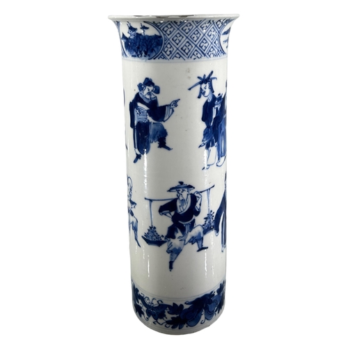 75 - A 19TH CENTURY CHINESE QING DYNASTY BLUE AND WHITE CYLINDER VASE
Having upper flared rim, met by car... 