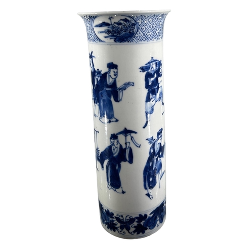 75 - A 19TH CENTURY CHINESE QING DYNASTY BLUE AND WHITE CYLINDER VASE
Having upper flared rim, met by car... 