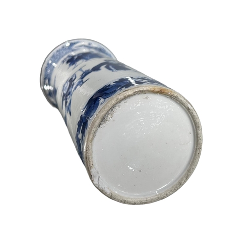 75 - A 19TH CENTURY CHINESE QING DYNASTY BLUE AND WHITE CYLINDER VASE
Having upper flared rim, met by car... 