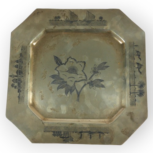 14A - A LARGE MID 20TH CENTURY IRAQI/IRANIAN SILVER NIELLO SQUARE TRAY
Decorated with central flower, ship... 