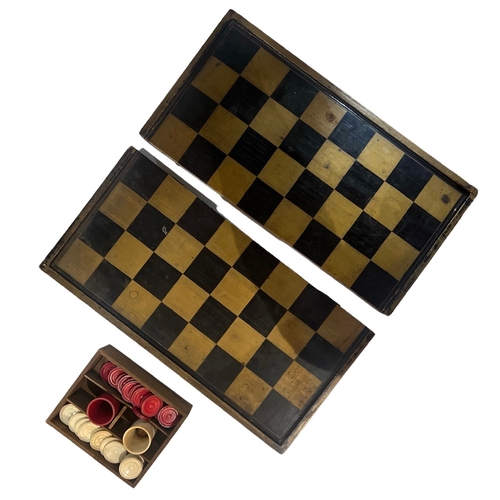 71A - A LATE 19TH/EARLY 20TH CENTURY CHINESE EXPORT BLACK LACQUERED AND GILT PAINTED CHECKERS BOARD AND BO... 