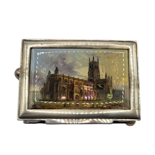 22 - A 20TH CENTURY STERLING SILVER AND MOTHER OF PEARL TRINKET BOX, SHOWING HAND TINTED GLOUCESTERSHIRE ... 