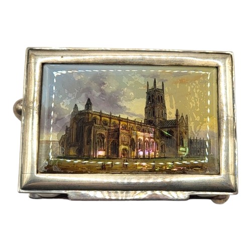 22 - A 20TH CENTURY STERLING SILVER AND MOTHER OF PEARL TRINKET BOX, SHOWING HAND TINTED GLOUCESTERSHIRE ... 